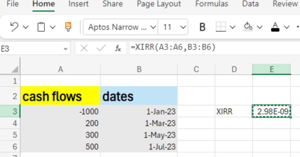 XIRR formula for financial modelling