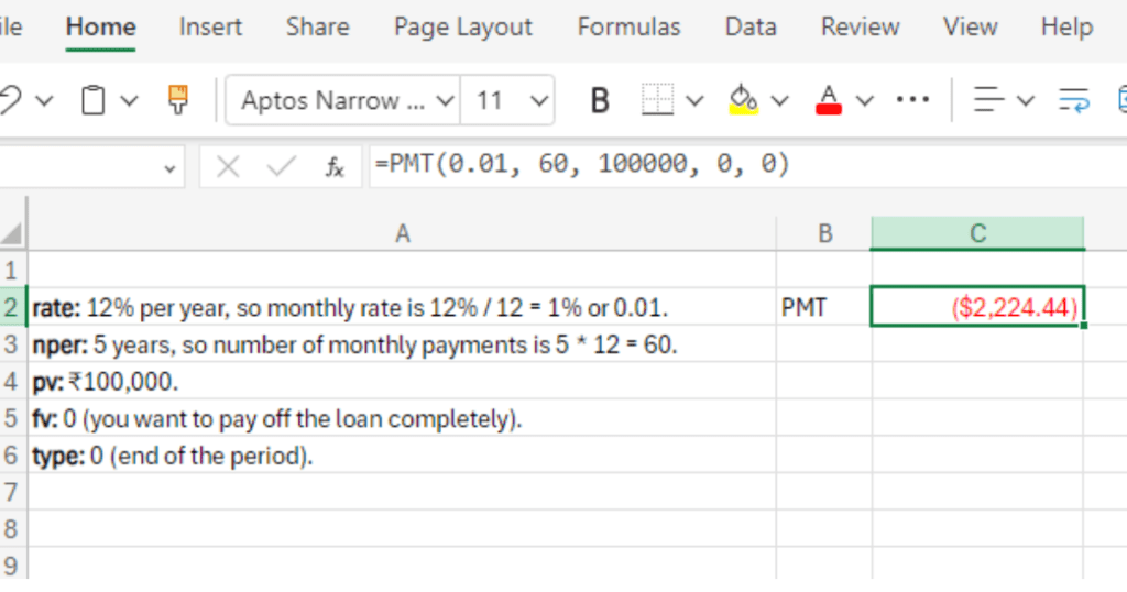 PMT formula for financial modelling